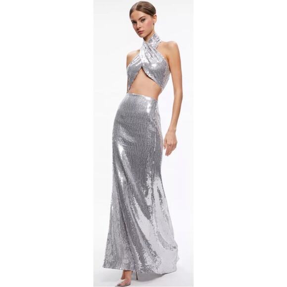 Alice + Olivia May Halterneck Silver Sequin Embellished Cutout Maxi Dress Size 8 - Picture 3 of 9
